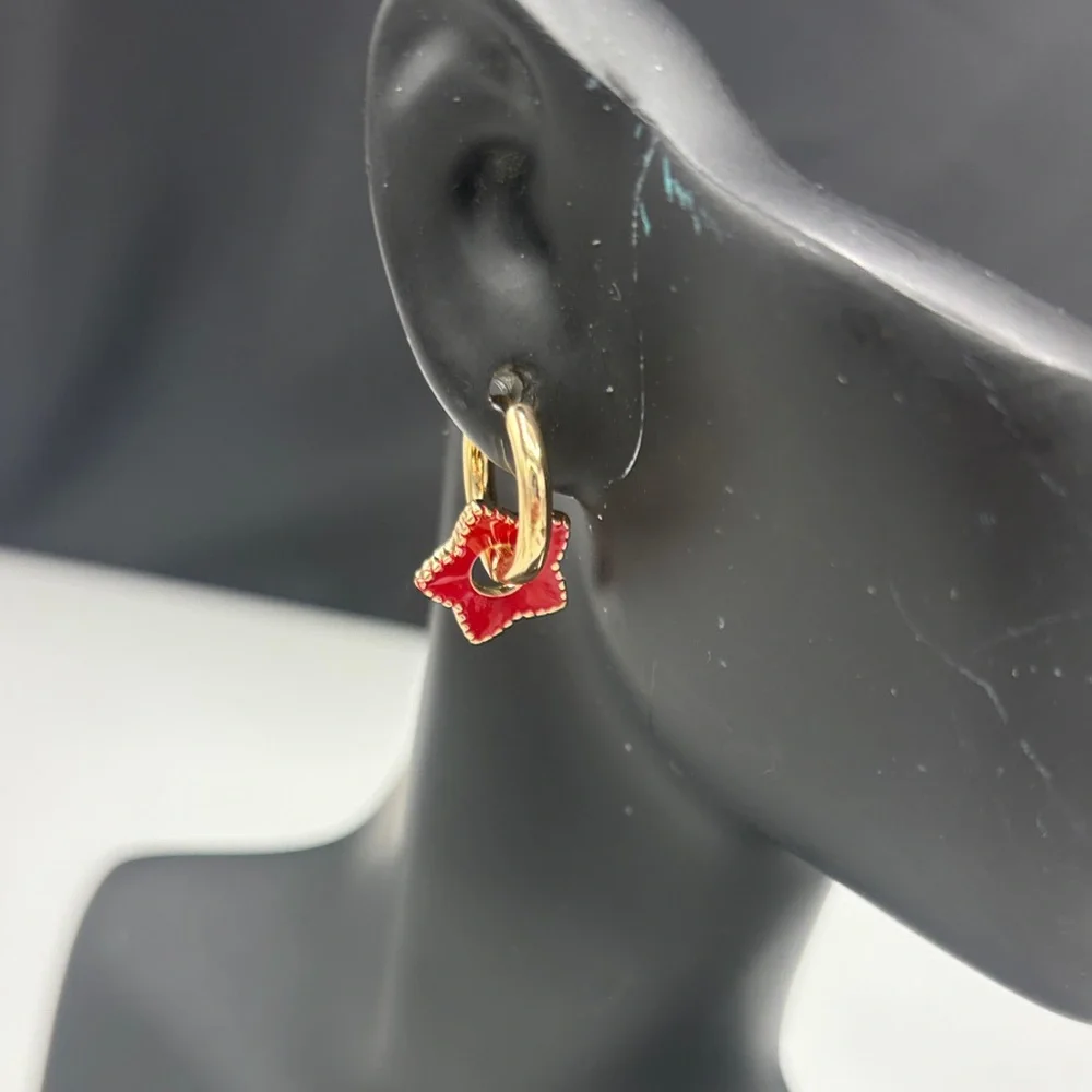 4th of July Gold Tone Hoop Earring with Red Enamel Clover Accent